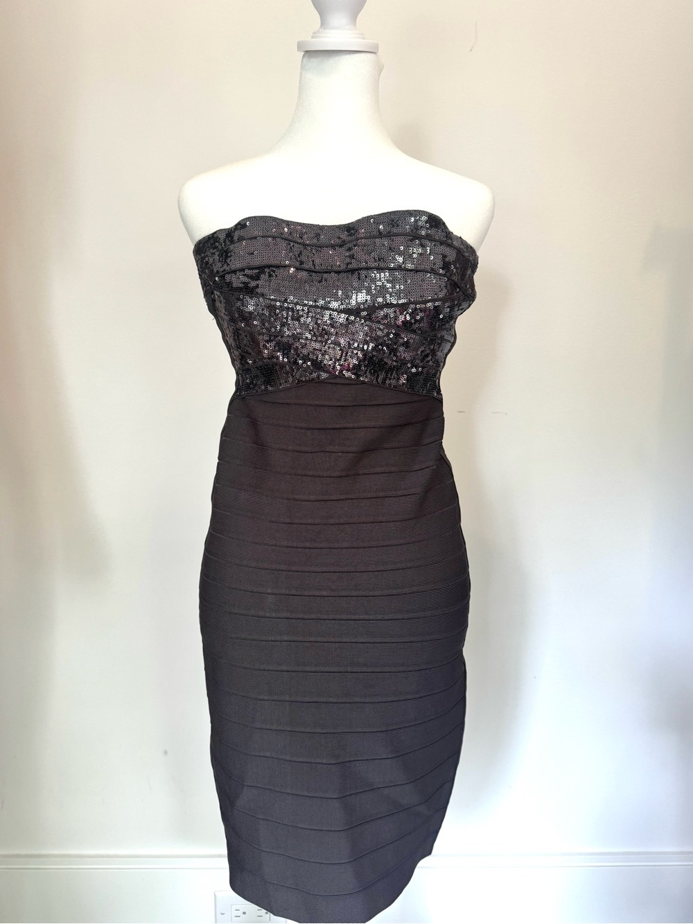 Herve Leger Strapless Sequin Bandage Dress in Charcoal Black